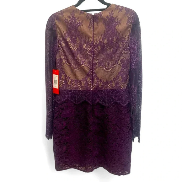Monique Lhuillier Long Sleeve Lace Metallic Shimmer Sheath Mini Dress Purple 10 - Picture 2 of 12